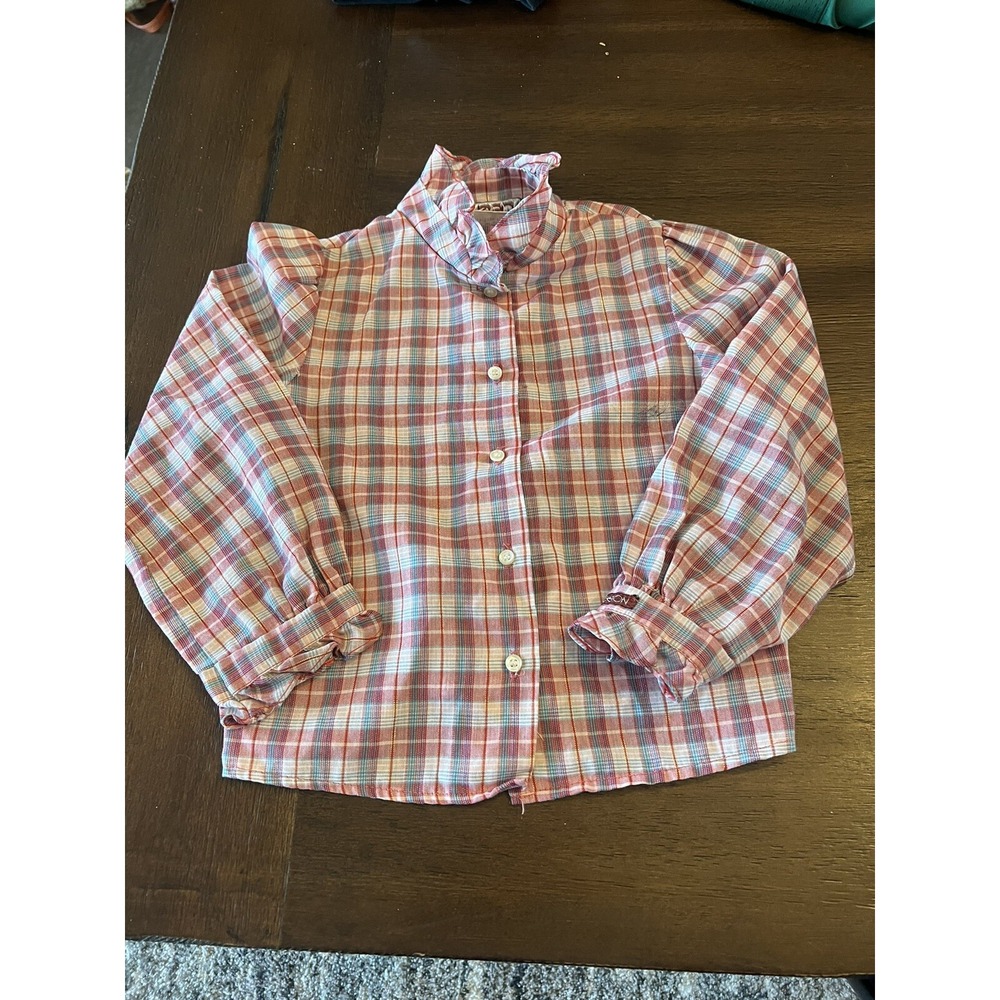 Vtg  1970's 1980's Girls Sasson Button Down Top Ruffled Sleeves Shimmer Thread